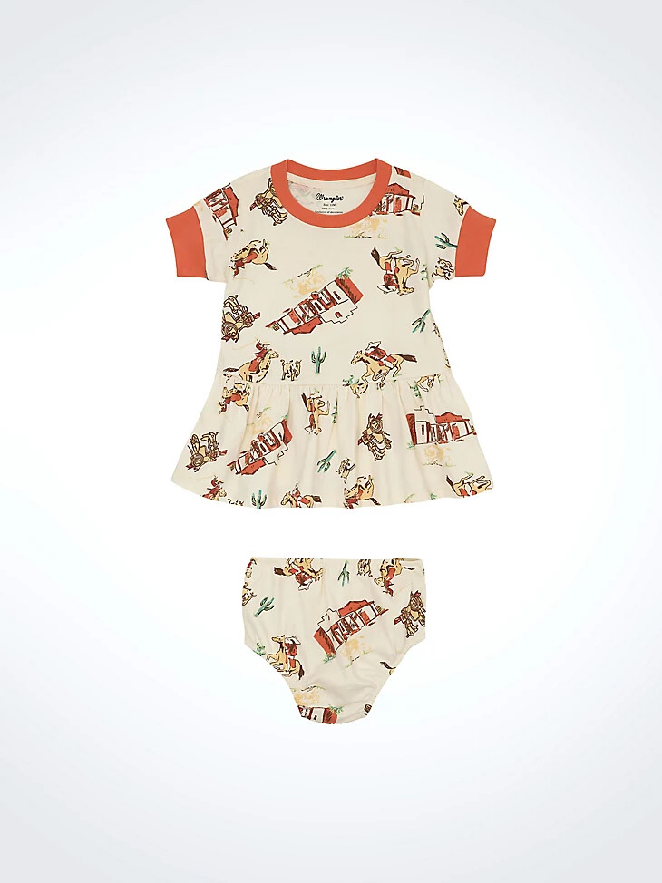 vestido blanco de cintura baja con estampado western para niña