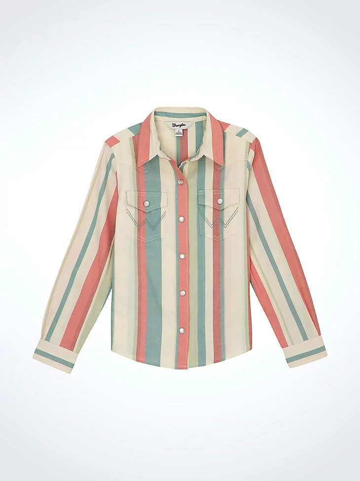 camisa vaquera a rayas para niña con broches y rayas empolvadas