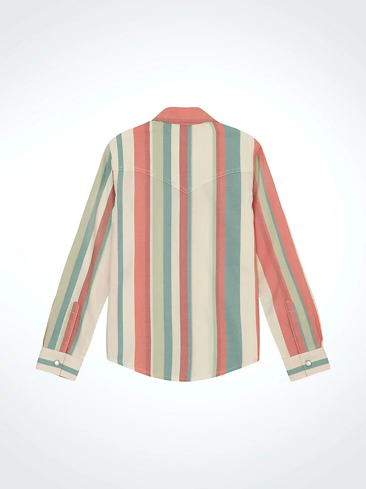 camisa vaquera a rayas para niña con broches y rayas empolvadas