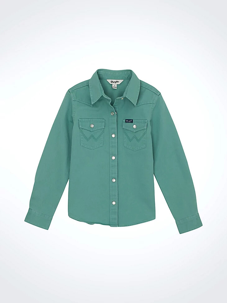 camisa vaquera con lavado de color para niña color verde azulado