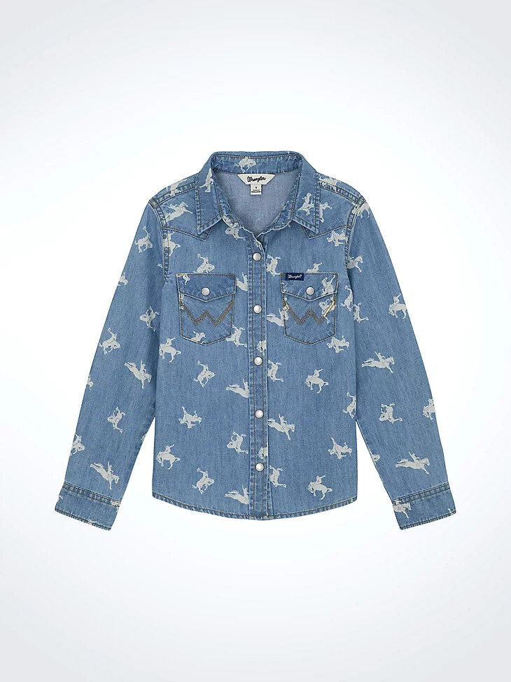 camisa vaquera estampada con broches estilo western para niña color azul