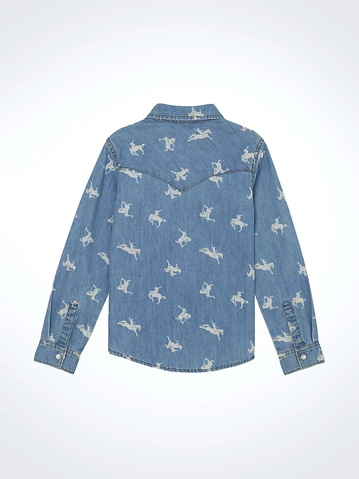camisa vaquera estampada con broches estilo western para niña color azul