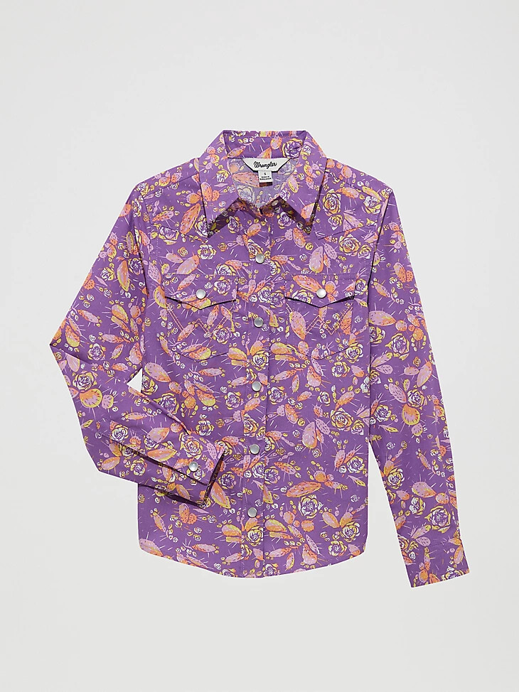 camisa vaquera con broches florales de cactus para niña color morado