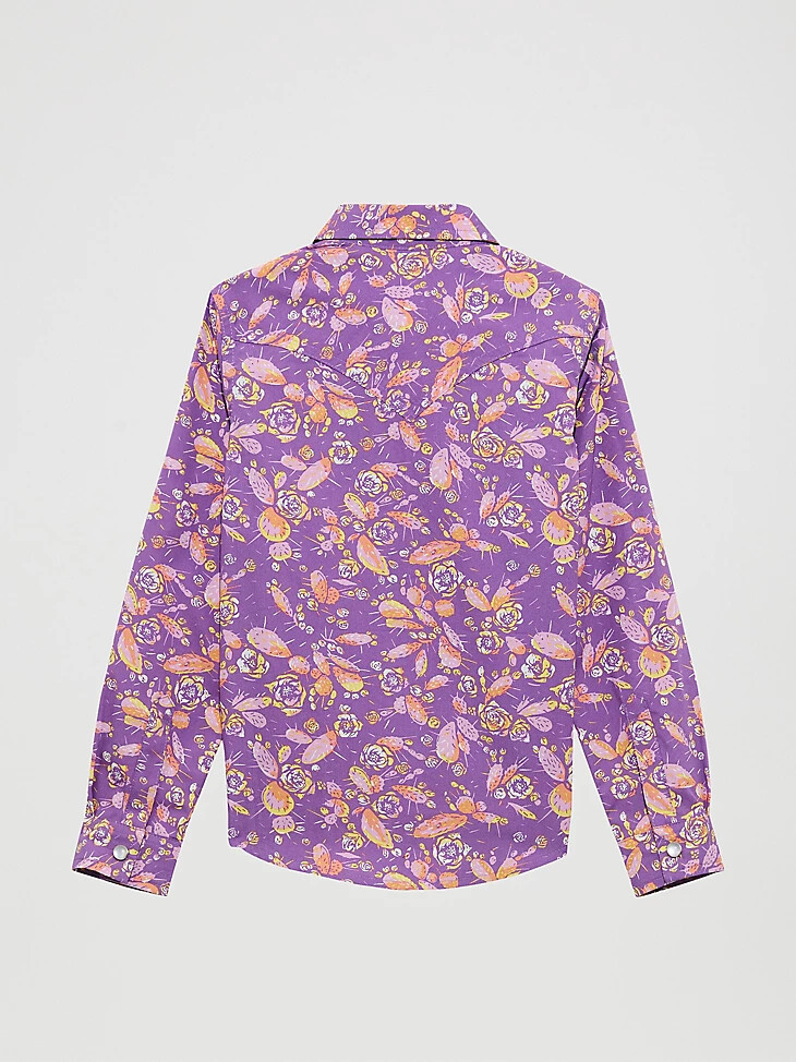 camisa vaquera con broches florales de cactus para niña color morado