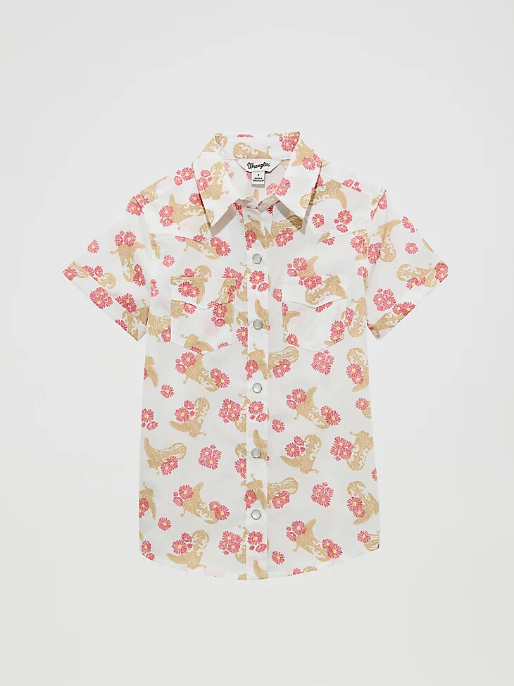 camisa vaquera con broches florales para niña y botas florales