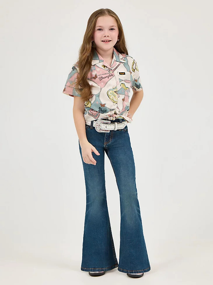 camisa de campamento con lazo frontal wrangler x lainey wilson para niña con estampado de semental salvaje
