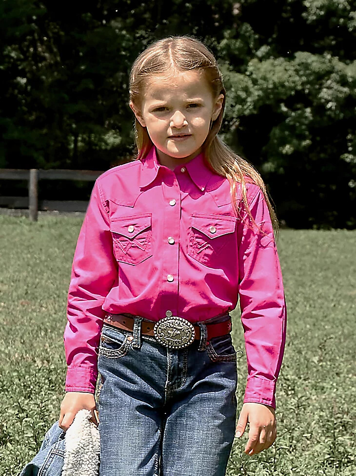 camisa vaquera lisa de manga larga para niña color rosa