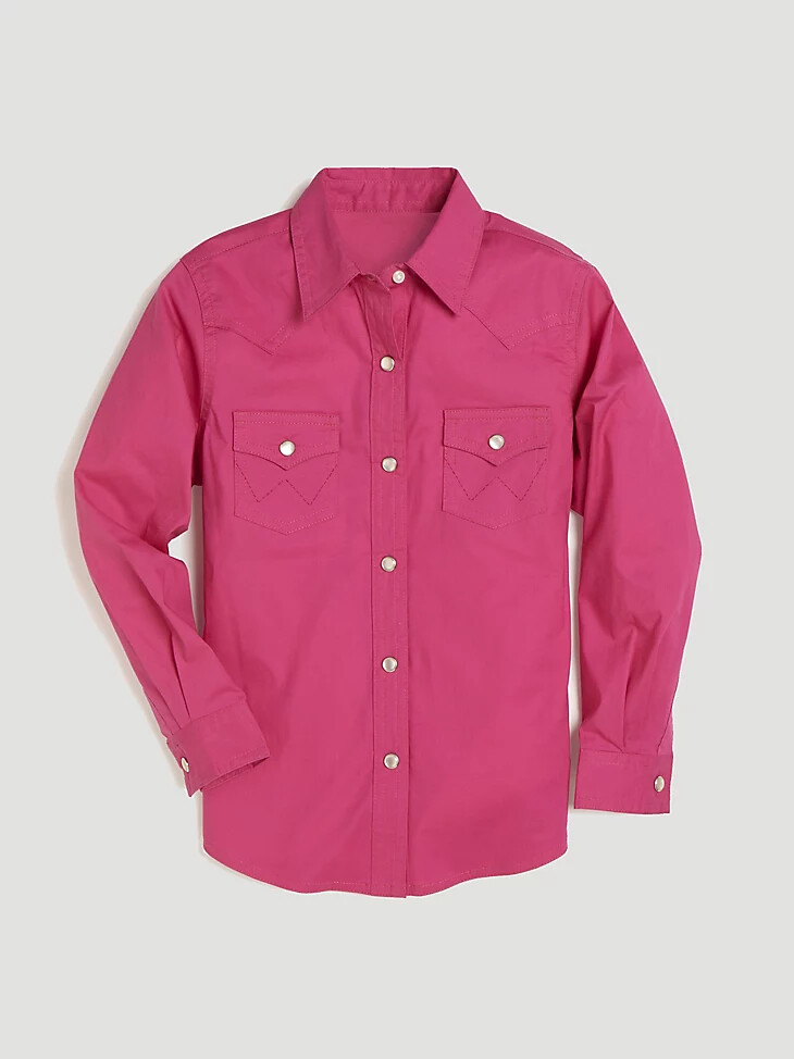 camisa vaquera lisa de manga larga para niña color rosa