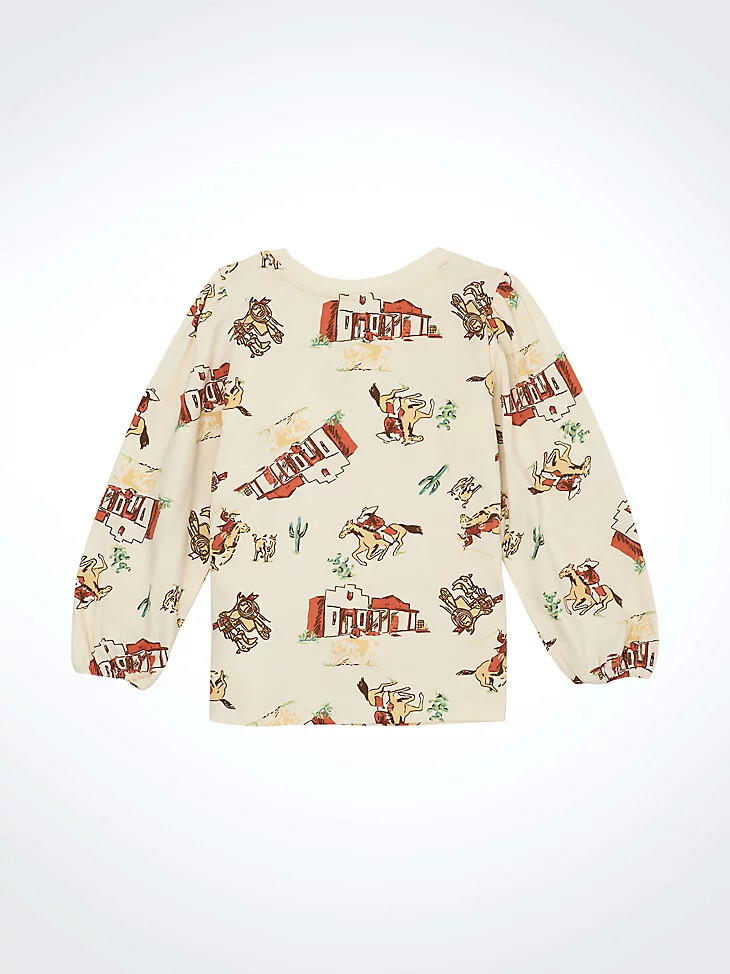 camiseta blanca con estampado western y mangas de obispo para niña