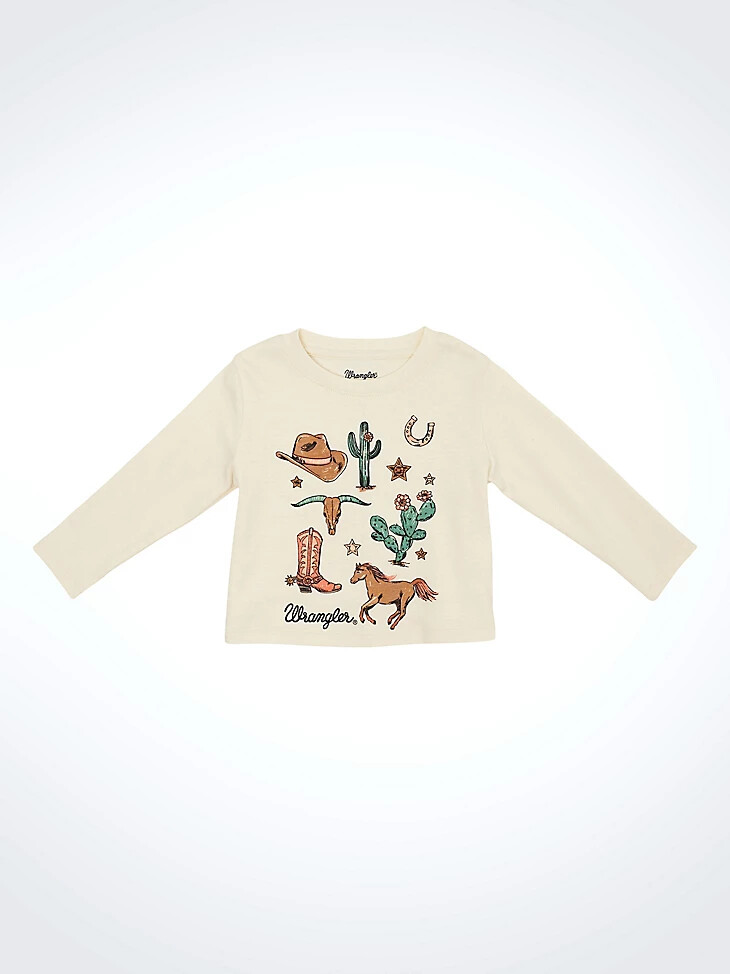 camiseta blanca de manga larga con estampado western para niña