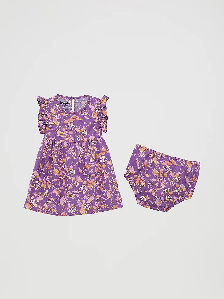 vestido estampado de cactus morados con mangas con volantes para niña