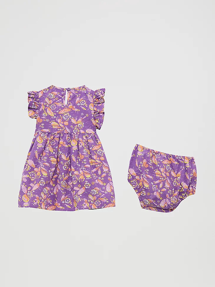 vestido estampado de cactus morados con mangas con volantes para niña