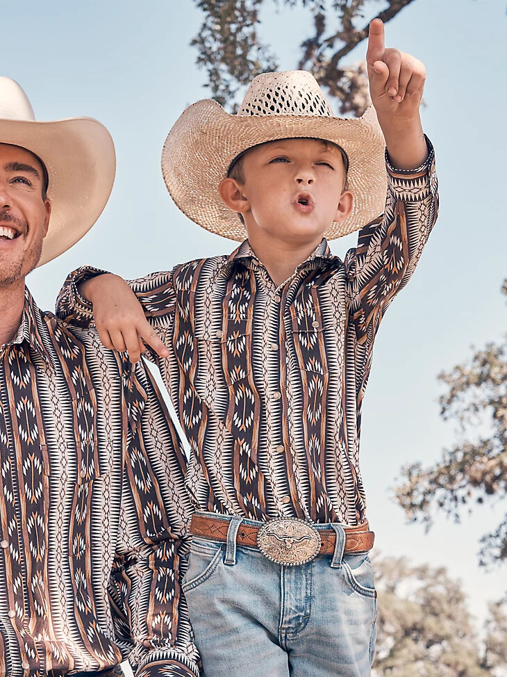 camisa vaquera de manga larga checotah para niño con broches y cadena marrón