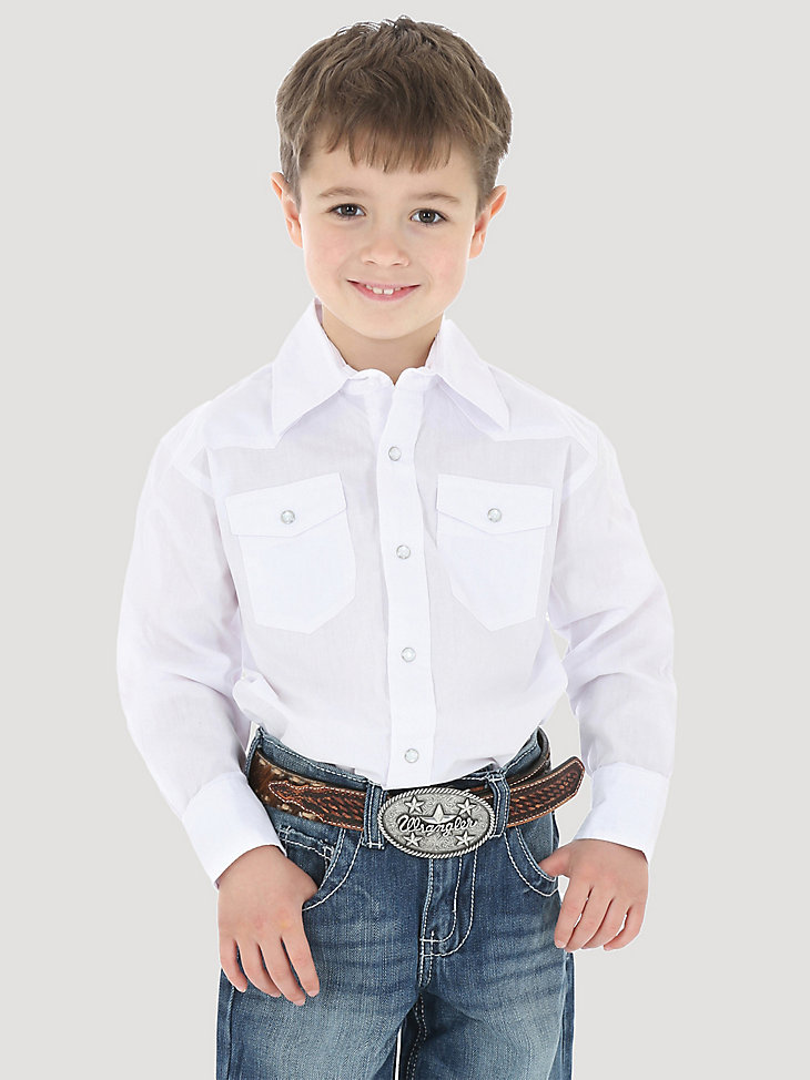 vestido blanco de manga larga para niño camisa vaquera con broches blancos
