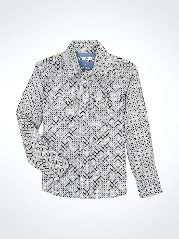 camisa wrangler 20x advanced comfort con estampado western snap para niño color azul chevre