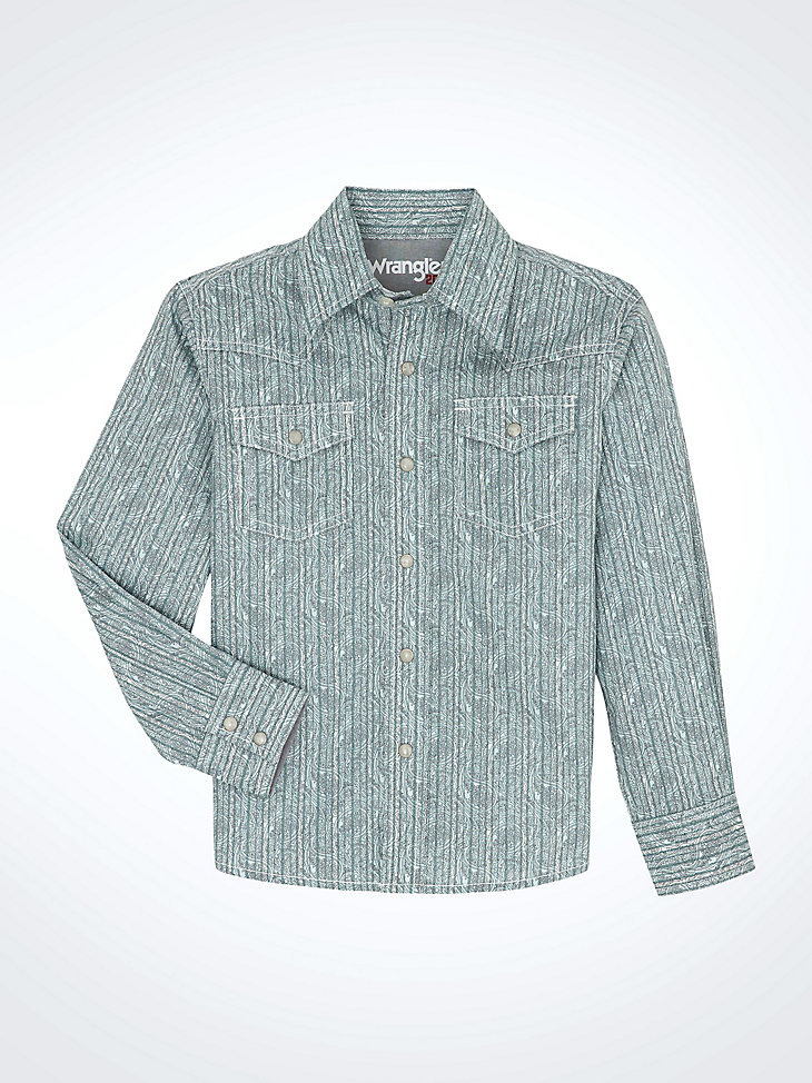 camisa wrangler 20x advanced comfort con estampado western snap para niño color cian y cachemir