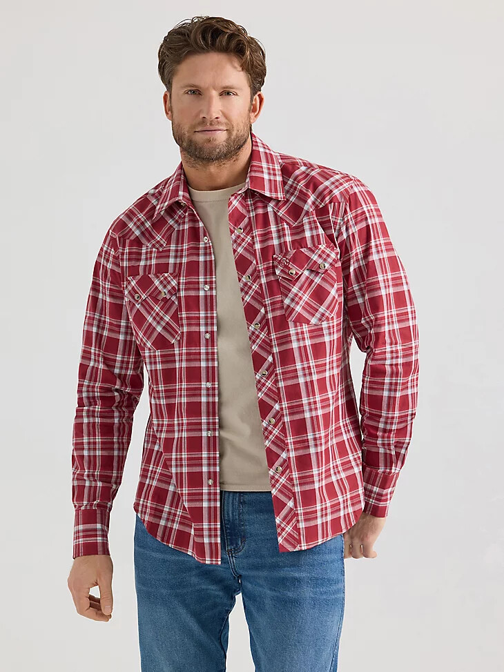 camisa vaquera wrangler retro de manga larga con bolsillo a presión y diseño de dientes de sierra para hombre scarlett