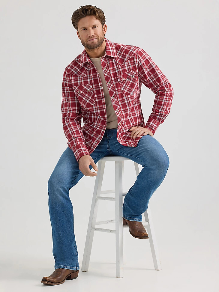 camisa vaquera wrangler retro de manga larga con bolsillo a presión y diseño de dientes de sierra para hombre scarlett
