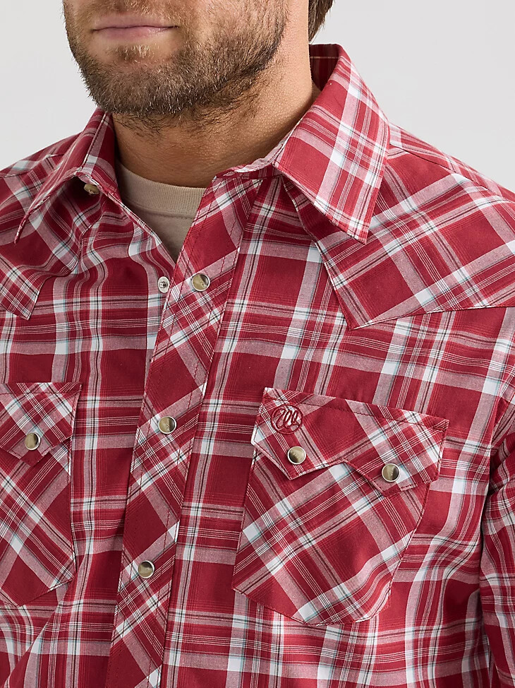 camisa vaquera wrangler retro de manga larga con bolsillo a presión y diseño de dientes de sierra para hombre scarlett