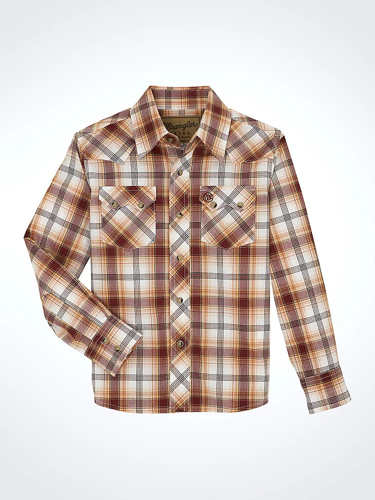 camisa wrangler retro western con broches a cuadros y bolsillos delanteros dentados color marrón clásico