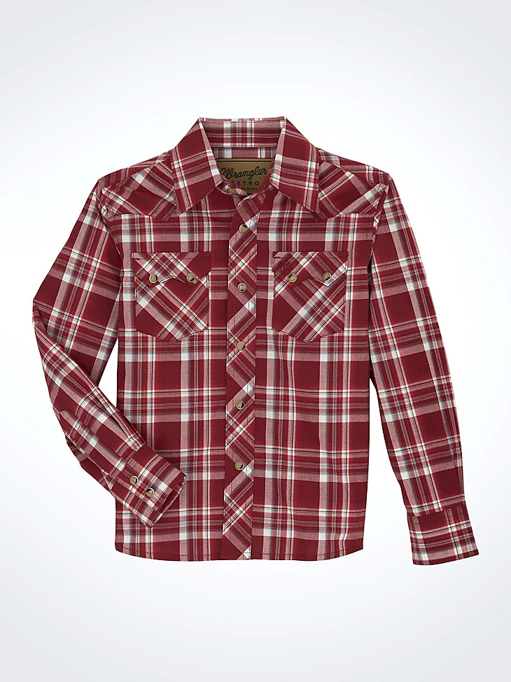 camisa wrangler retro western con broches a cuadros y bolsillos de dientes de sierra delanteros para niño scarlett