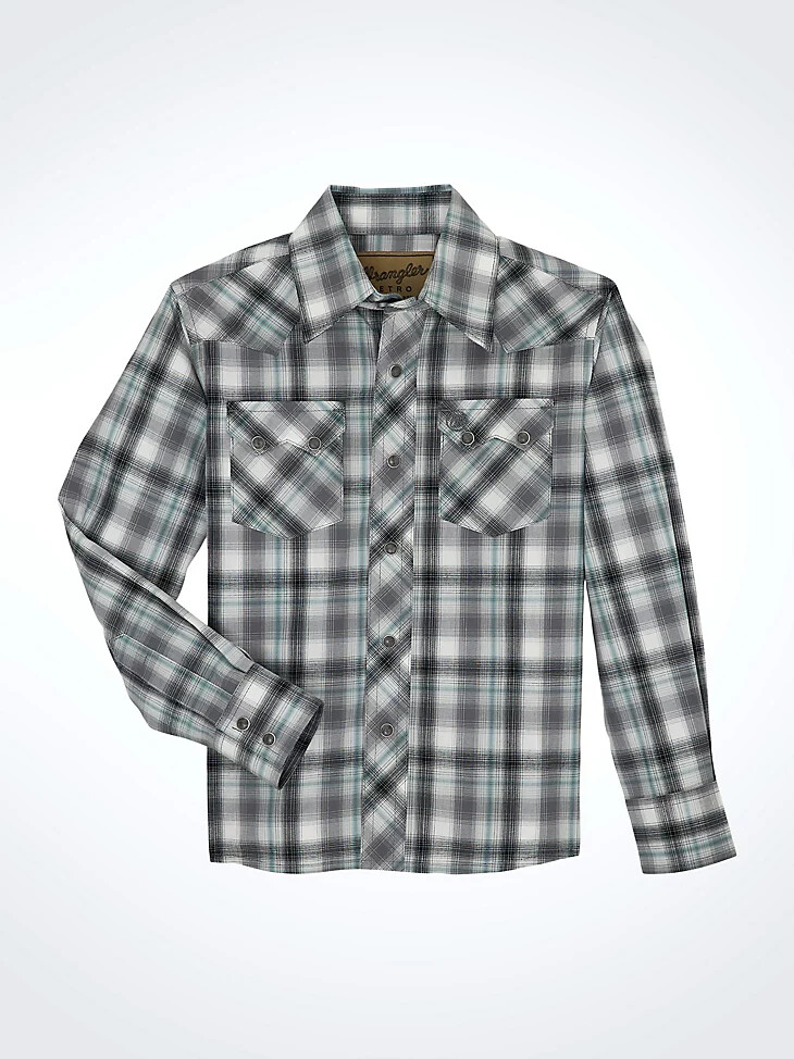 camisa wrangler retro western con broches a cuadros y bolsillos dentados delanteros gris ahumado