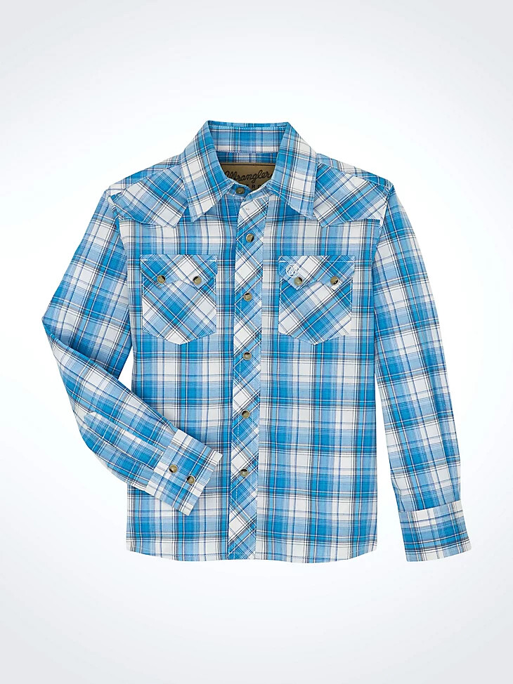 camisa wrangler retro western con broches a cuadros y bolsillos dentados delanteros color azul alondra