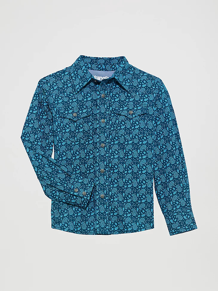 camisa wrangler 20x advanced comfort western con estampado a presión en turquesa paisley para niño