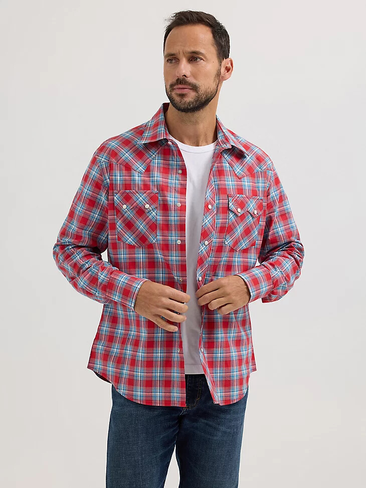 camisa vaquera wrangler retro de manga larga con bolsillo a presión y dientes de sierra para hombre color rojo cereza