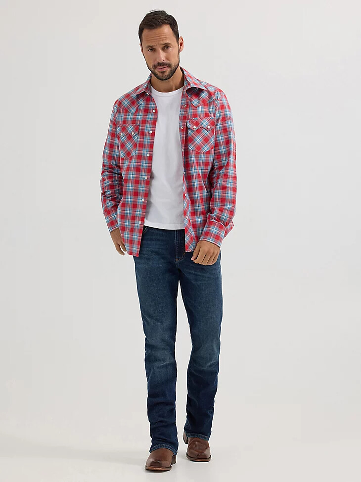 camisa vaquera wrangler retro de manga larga con bolsillo a presión y dientes de sierra para hombre color rojo cereza