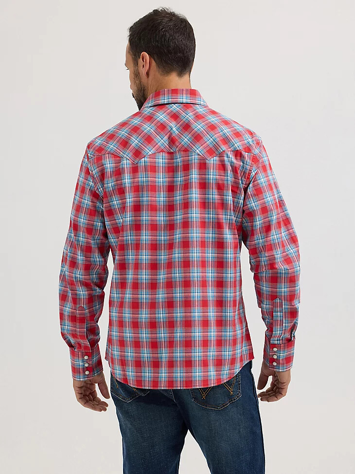 camisa vaquera wrangler retro de manga larga con bolsillo a presión y dientes de sierra para hombre color rojo cereza