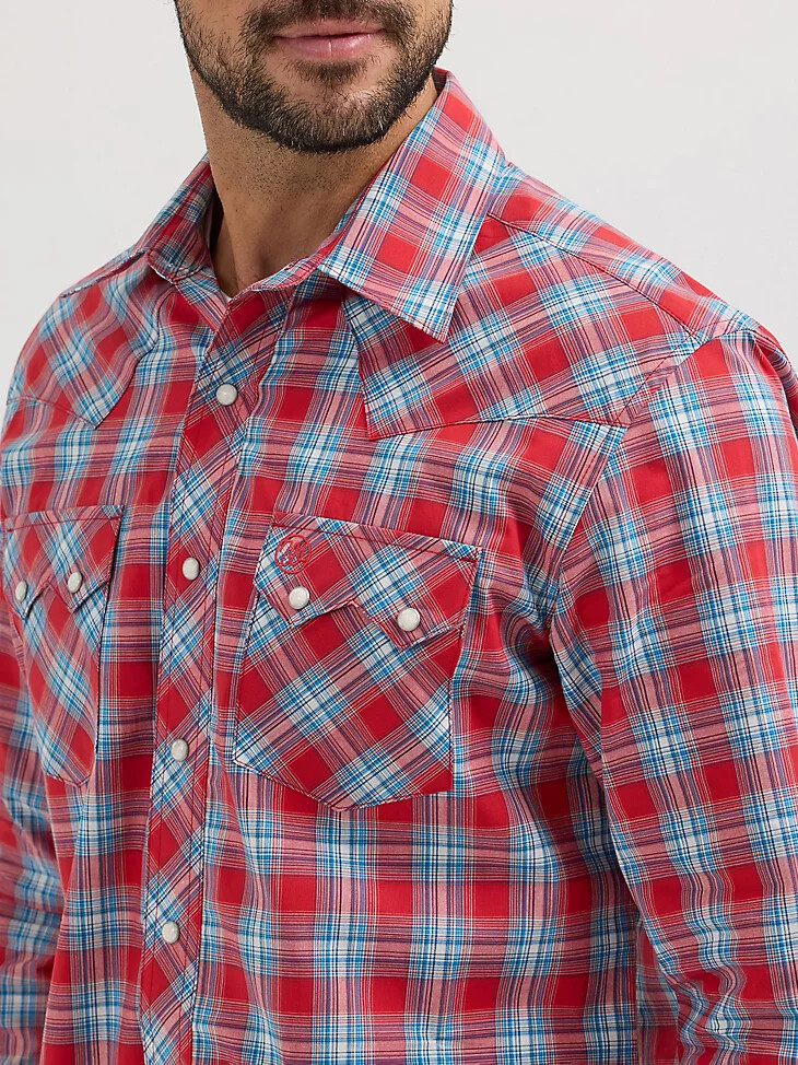 camisa vaquera wrangler retro de manga larga con bolsillo a presión y dientes de sierra para hombre color rojo cereza