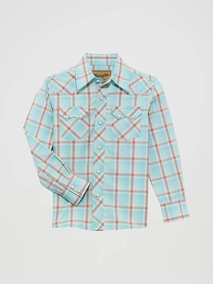 camisa wrangler retro western con broches a cuadros y bolsillos delanteros dentados color mar helado