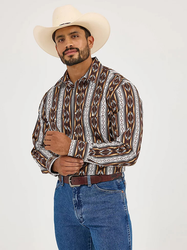 camisa de manga larga con estampado de broches estilo western checotah para hombre cadena marrón