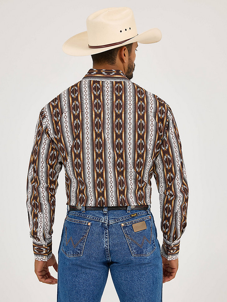 camisa de manga larga con estampado de broches estilo western checotah para hombre cadena marrón