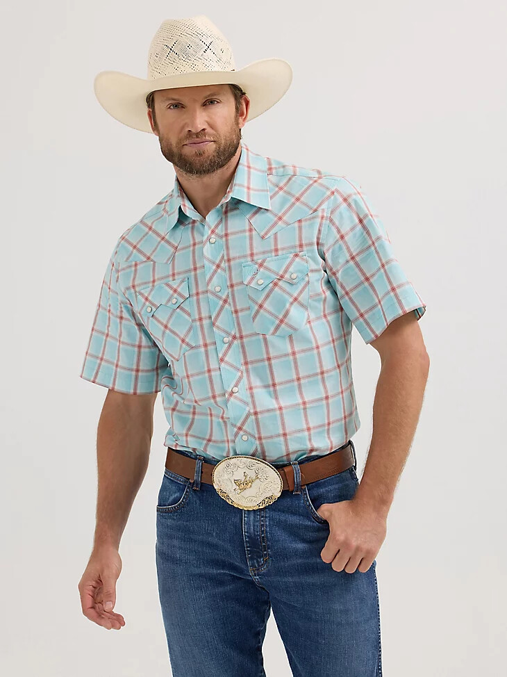 camisa wrangler retro de manga corta con bolsillo de diente de sierra y broche estilo western para hombre icy sea