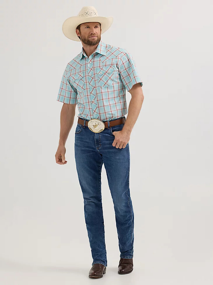 camisa wrangler retro de manga corta con bolsillo de diente de sierra y broche estilo western para hombre icy sea