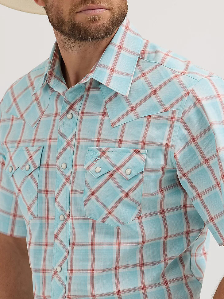 camisa wrangler retro de manga corta con bolsillo de diente de sierra y broche estilo western para hombre icy sea