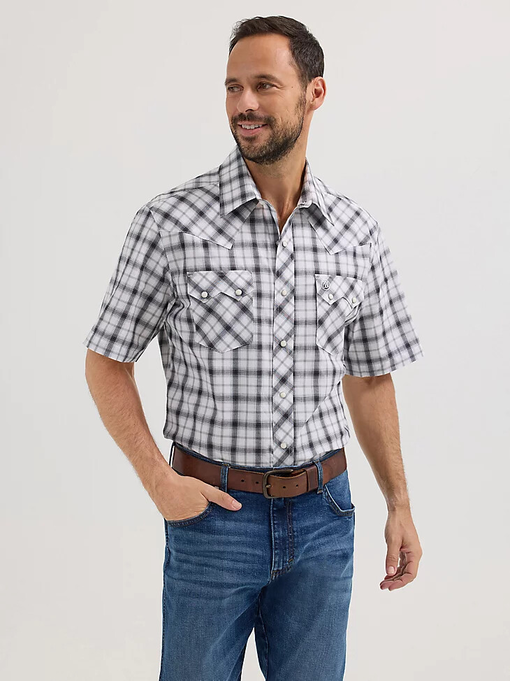 camisa vaquera wrangler retro de manga corta con bolsillo de diente de sierra y broches para hombre orca