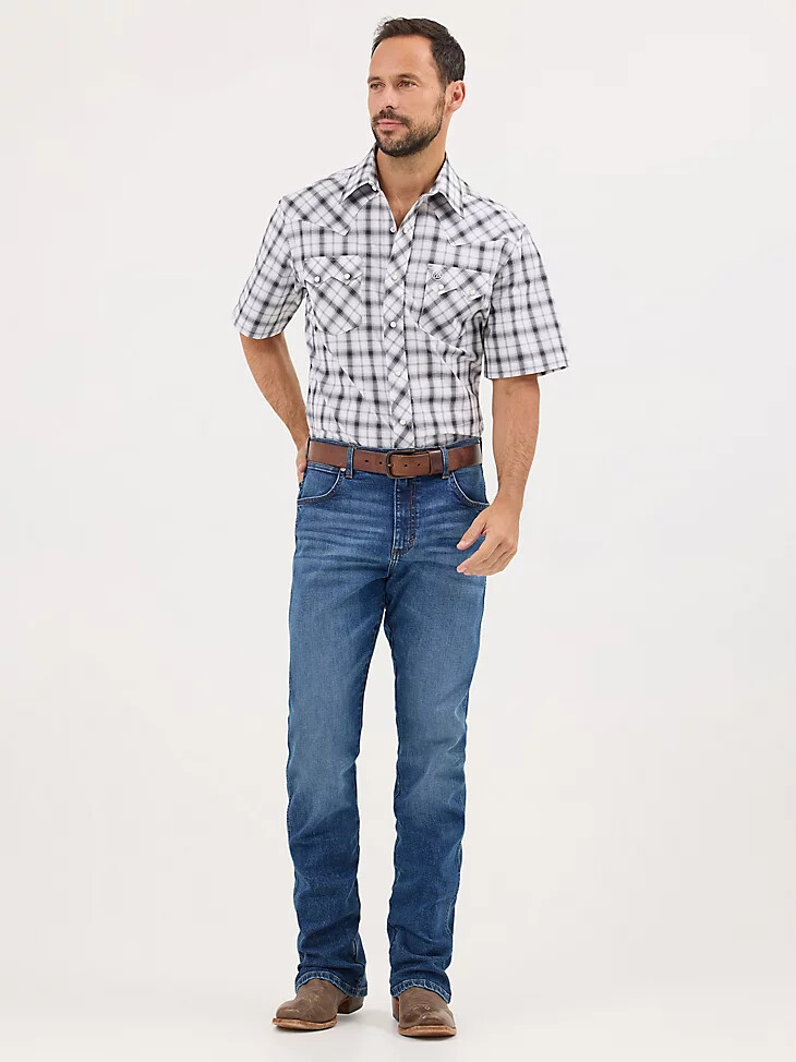 camisa vaquera wrangler retro de manga corta con bolsillo de diente de sierra y broches para hombre orca