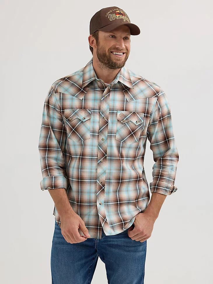 camisa vaquera wrangler retro de manga larga con bolsillo a presión y dientes de sierra para hombre color tanino a cuadros