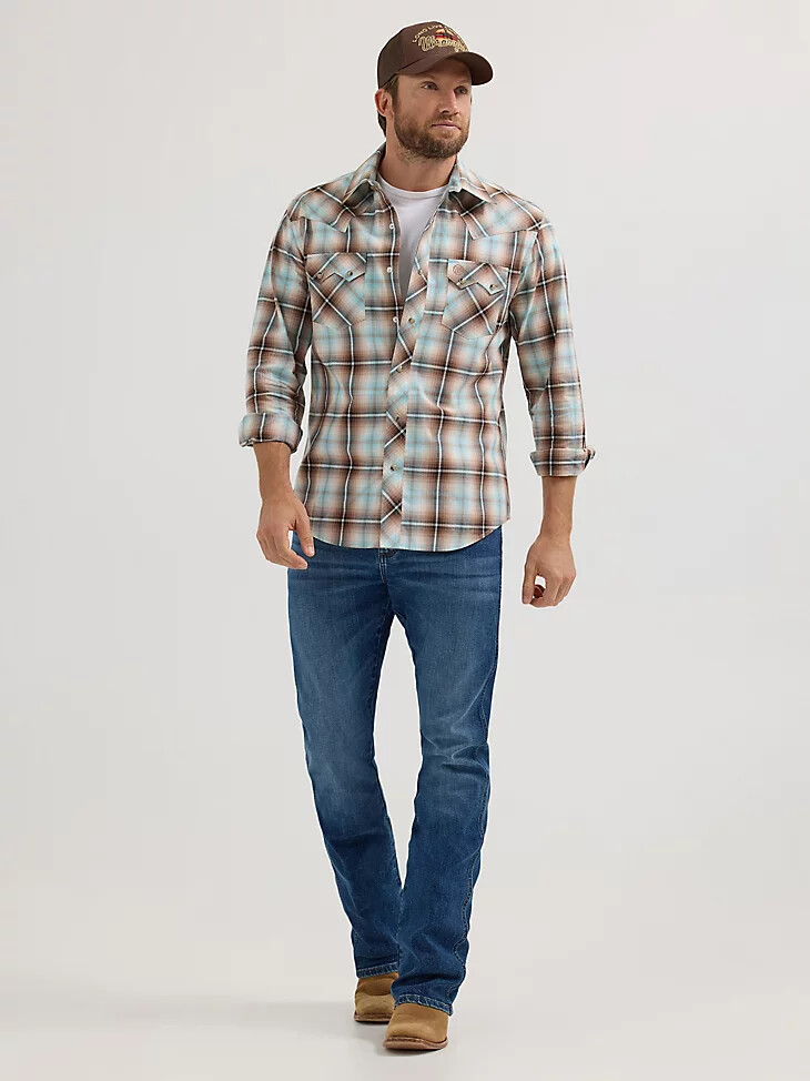camisa vaquera wrangler retro de manga larga con bolsillo a presión y dientes de sierra para hombre color tanino a cuadros