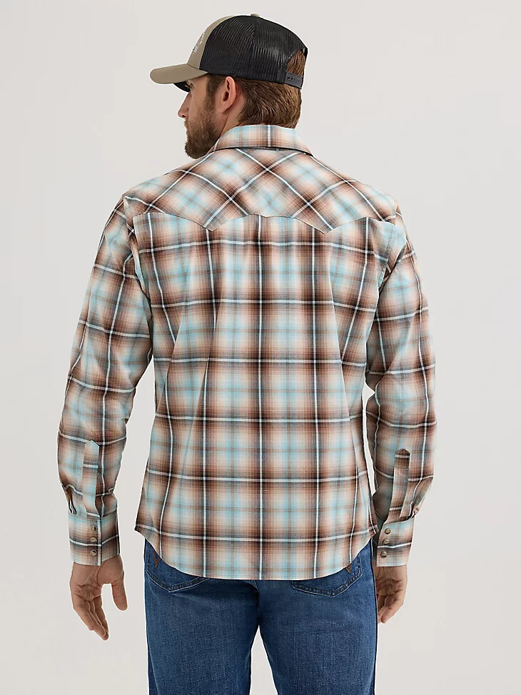 camisa vaquera wrangler retro de manga larga con bolsillo a presión y dientes de sierra para hombre color tanino a cuadros