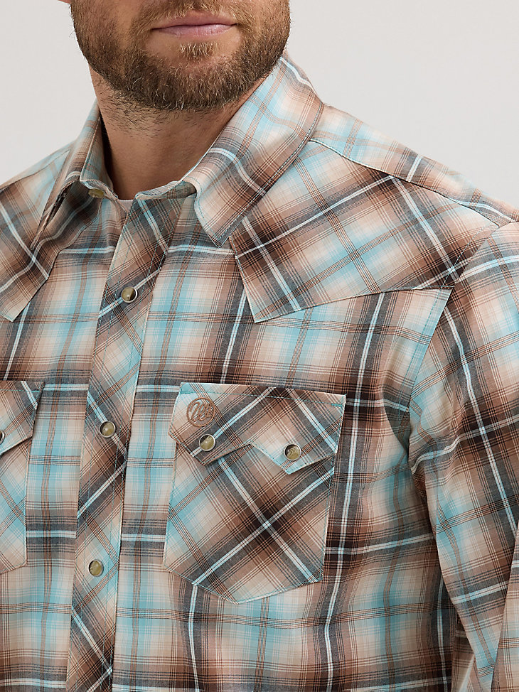 camisa vaquera wrangler retro de manga larga con bolsillo a presión y dientes de sierra para hombre color tanino a cuadros