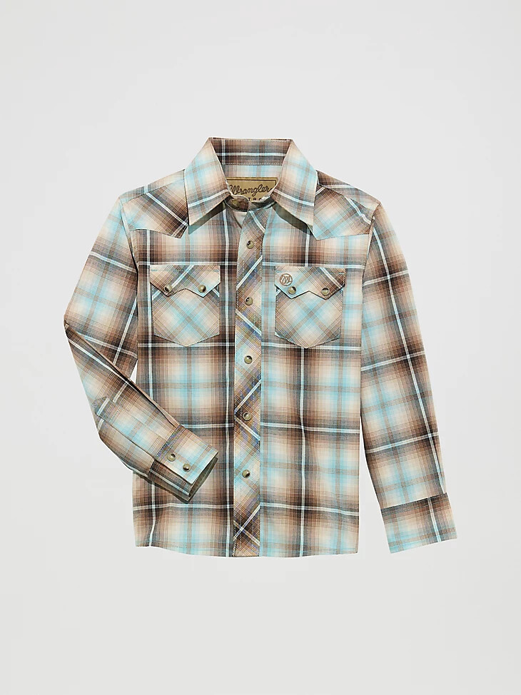 camisa wrangler retro western con broches a cuadros y bolsillos delanteros dentados para niño tannin plaid