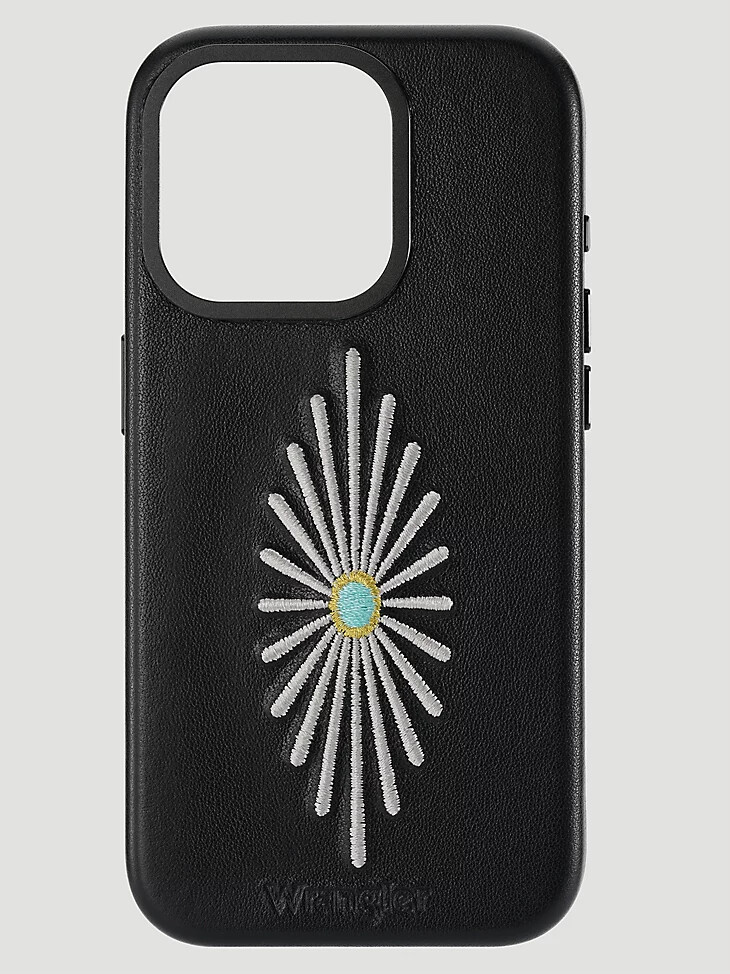funda de cuero con bordado para smartphone color negro