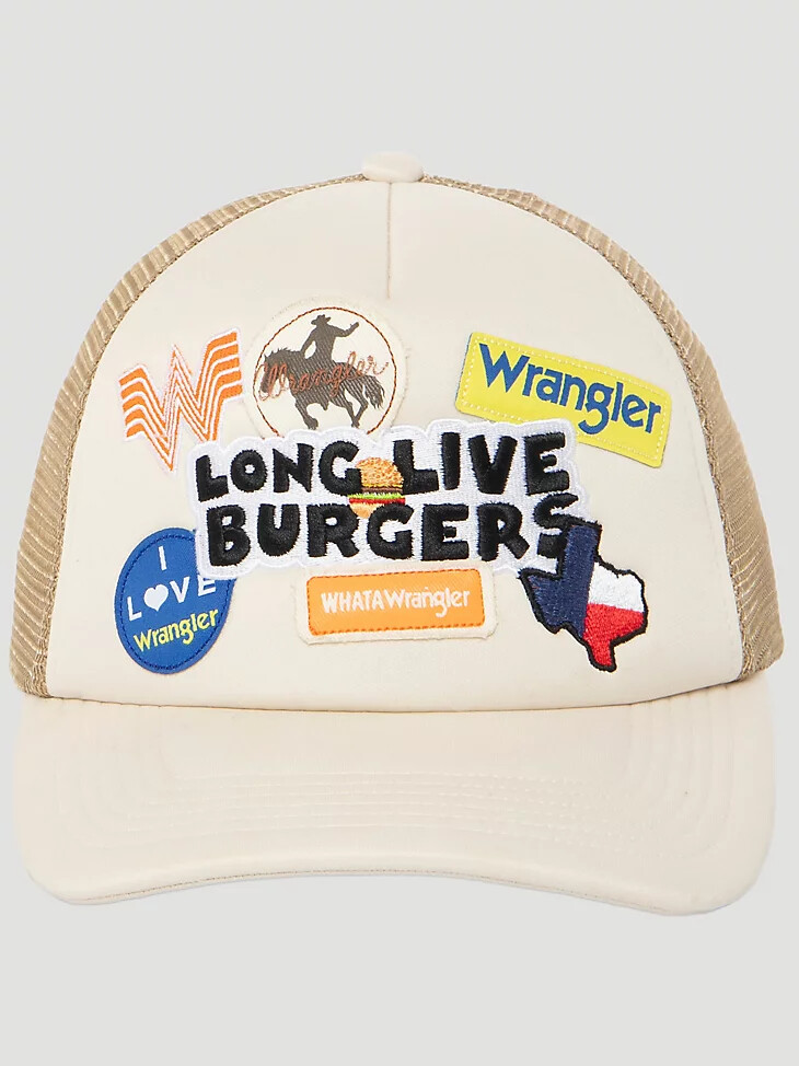 gorra de camionero con parche de wrangler x whataburger en beige