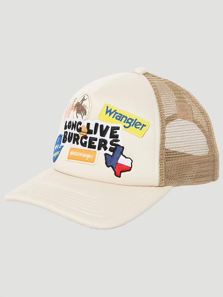 gorra de camionero con parche de wrangler x whataburger en beige