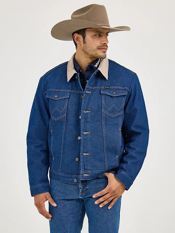 chaqueta vaquera wrangler con cuello de pana y forro de manta para hombre color índigo prelavado