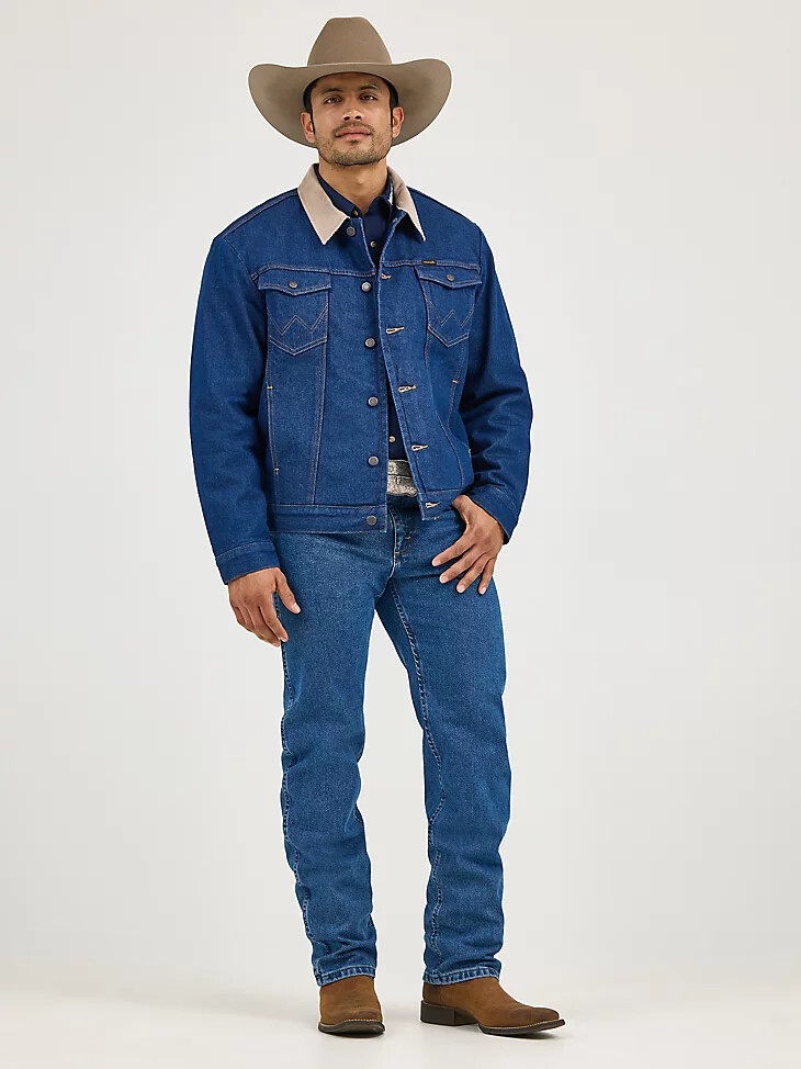 chaqueta vaquera wrangler con cuello de pana y forro de manta para hombre color índigo prelavado